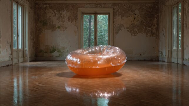 A surreal image featuring a bright orange inflatable object in an abandoned room, inviting curiosity and exploring themes of isolation, whimsy, and unexpected contrasts.