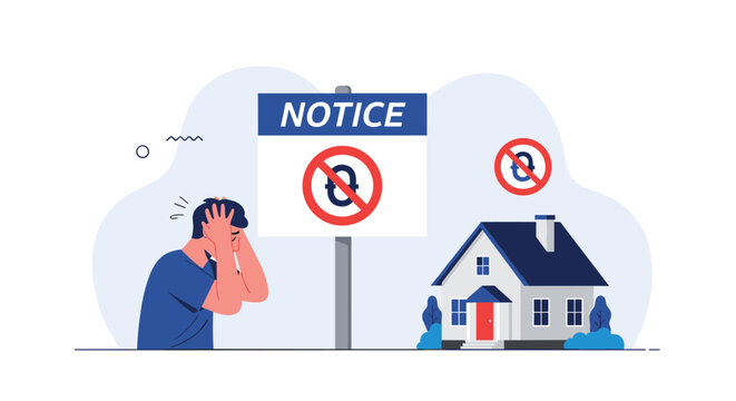 Worried man standing next to a house and a notice sign to illustrate home foreclosure or sudden eviction problems.