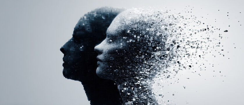 Abstract digital illustration of a human face dissolving into pixels, symbolizing technology, transformation, and the digital age.