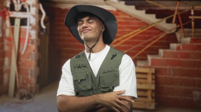 Man in explorer hat and green vest, white t shirt, smirking with crossed arms and pointing finger showing forearm in unfinished brick building; confidence.