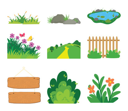 Mixed nature scene creator assets. Flat vector illustration of blank wooden signs, fences, grass, bushes and ponds for landscape design.