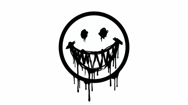 A black graffiti smiley face with a menacing grin and dripping paint.