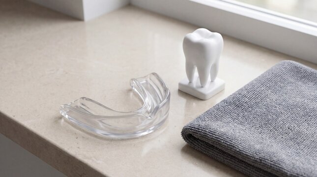 Dental mouthguard protection, Sports oral care concept, Clear guard with tooth model, Clean active lifestyle still life, Preventive dentistry