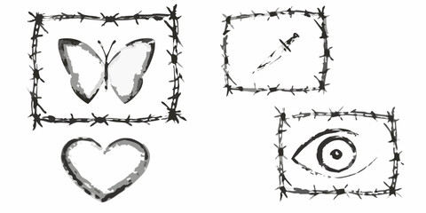 Collage Of Butterfly Heart Eye And Thumbtack Within Barbed Wire Frames © Sujal