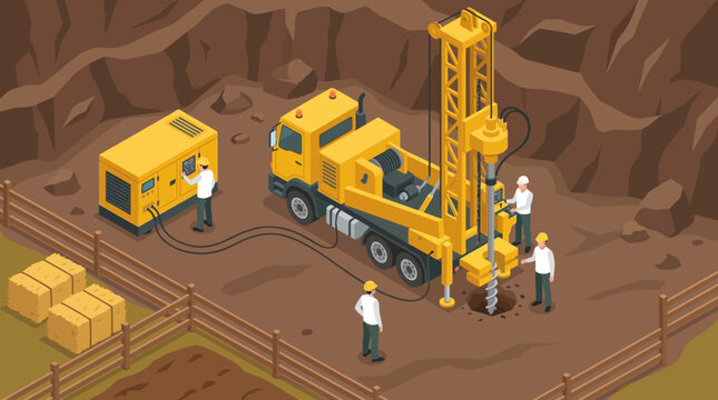 Isometric illustration of workers operating a large yellow drilling rig and truck in a fenced mining site with brown terrain.