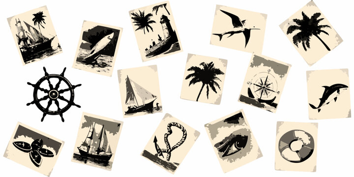 Nautical Silhouettes And Travel Motifs Vector Illustration On Beige Background