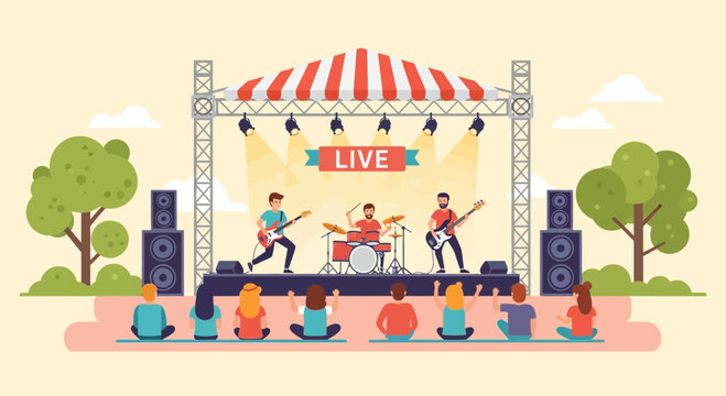 Musical Band Playing Live Performance on Outdoor Stage in Park