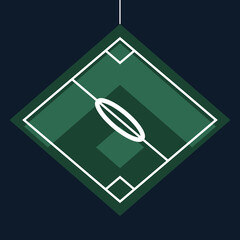 Abstract isometric soccer pitch graphic featuring minimalist green field markings on a dark geometric background. © Jasim