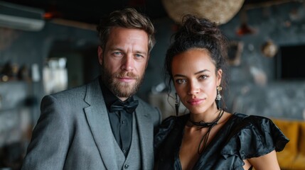Fototapeta premium An elegant couple poses confidently in formal attire, showcasing their style and charm at a sophisticated event, highlighting a connection that warms the heart and inspires.