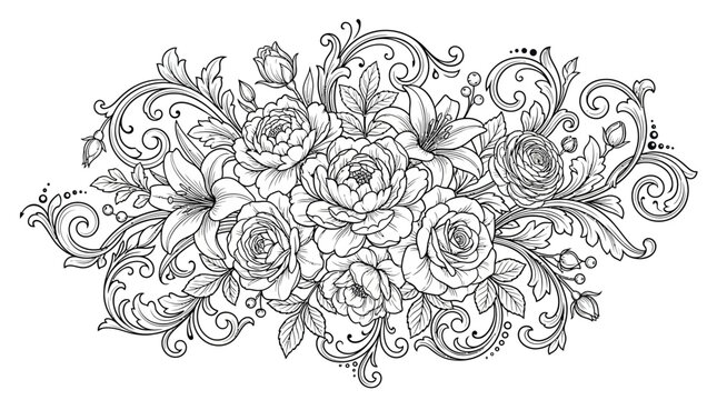 Intricate floral design with roses and leaves.