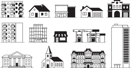 Fototapeta premium Black and White Building Icon Collection Featuring Residential Commercial Religious and Institutional Architecture Designs