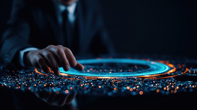 Businessman's hand touches futuristic glowing interface with abstract data visualization and technology