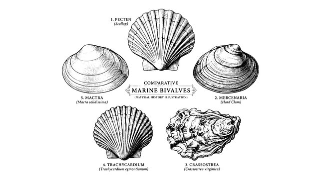 Marine Bivalves Comparative Illustration with Detailed Line Drawings Featuring Scallop, Clam, Mussel with Oyster and Shell Elements for Mollusk,