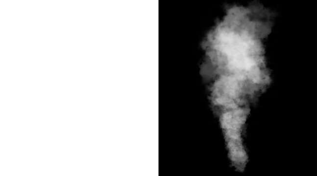 White smoke plume on black background, realistic steam cloud texture, atmospheric vapor mist effect for compositing and design