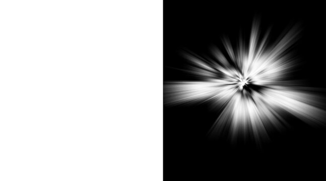 Abstract white light burst on black background, cinematic lens flare with radial motion blur, glowing starburst explosion for overlay effects