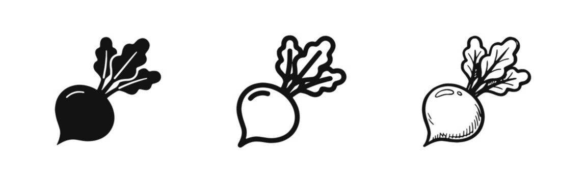 Fresh radish or beet icon set in solid, outline, and hand-drawn styles