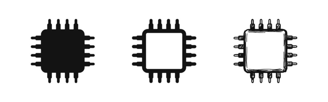 CPU microchip processor icon set in solid, outline, and sketch styles