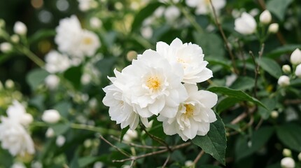 Fototapeta premium Beautiful white mock orange flowers blooming on bush in garden during bright daylight time.