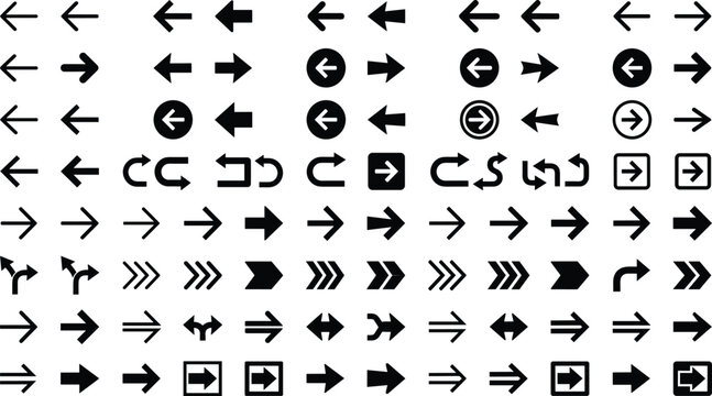 Arrow icon set vector illustration featuring black directional symbols pointers web buttons undo curves chevrons straight left and right indicators navigation design