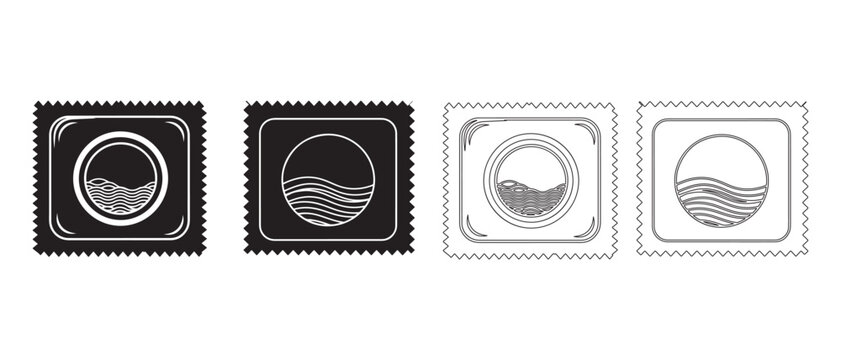 Four variations of a condom wrapper icon with wavy lines and a circle