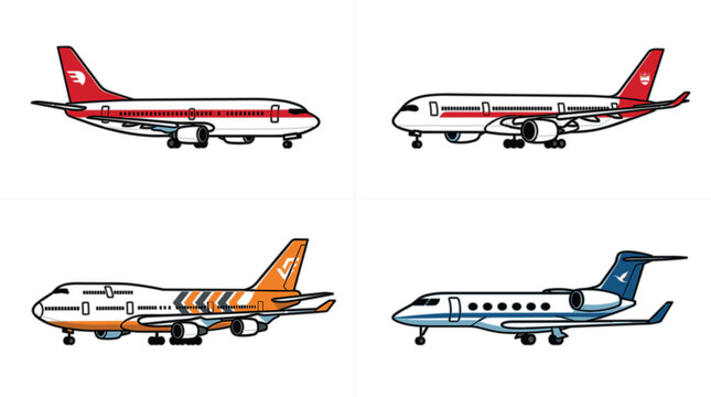 Commercial Airplane Illustration Set with Passenger Jets, Cargo Aircraft, and Modern Aviation Transport Elements for Travel and Airline Design