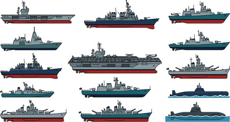 Military Warship and Naval Vessel Illustration Collection Featuring Aircraft Carriers, Destroyers, Submarines, and Battleship Vector Designs © Priyanka