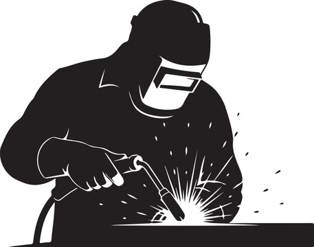 Black silhouette of welder with sparks welding