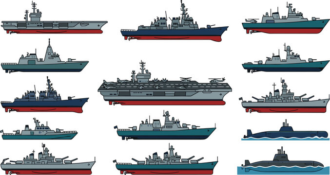 Military Warship and Naval Vessel Illustration Collection Featuring Aircraft Carriers, Destroyers, Submarines, and Battleship Vector Designs