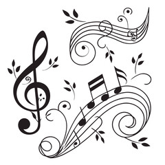 Fototapeta premium Black music notes and treble clef design with staff lines, swirls, and floral elements, musical score vector illustration