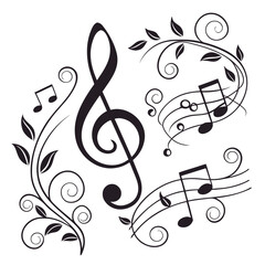 Fototapeta premium Dynamic musical artwork showing flowing staff lines with eighth notes and treble clef intertwined with organic leaf vines for expressive backdrop
