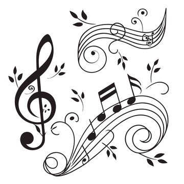 Black music notes and treble clef design with staff lines, swirls, and floral elements, musical score vector illustration