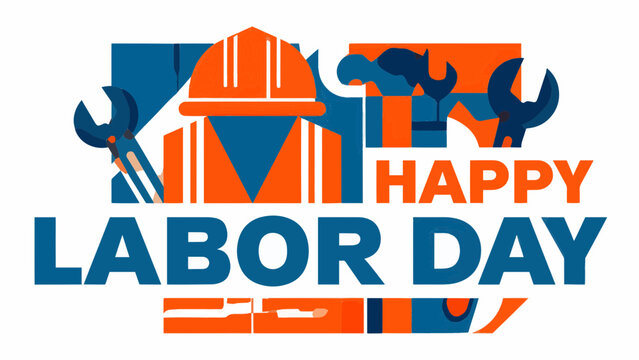 Modern flat vector illustration for labor day featuring safety helmet wrenches and abstract geometric background