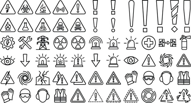 Industrial safety hazard warning line art vector icon set featuring exclamation marks caution triangles radiation biohazard and protective equipment