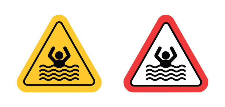 Warning Sign: Two hazard warning signs depict a drowning person in wavy water. water safety, caution, hazard symbol, alert, danger.