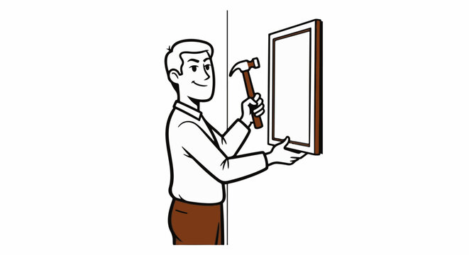 Man using hammer to hang picture frame on wall.
