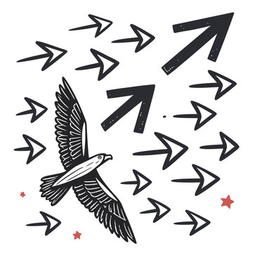 Eagle flying among arrows, representing courage, independence, and going against the flow, freedom concept