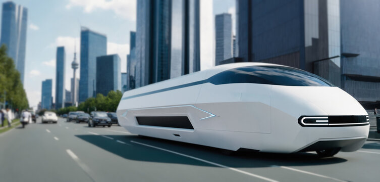 futuristic white bus driving on road in modern city