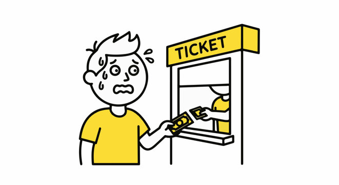 Frustrated man struggling with ticket vending machine.