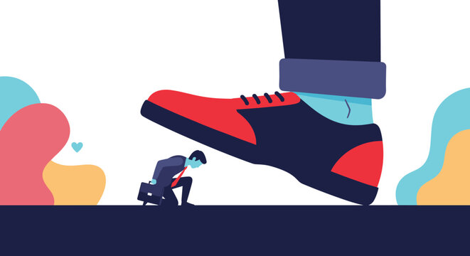 Illustration showing a giant shoe about to crush a small businessman symbolizing corporate pressure or overwhelming challenges.