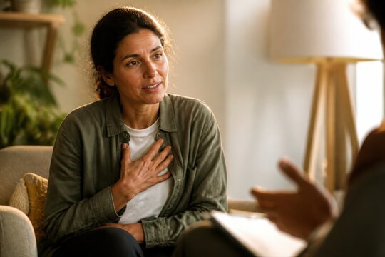 Woman speaking with therapist during counseling session in a warm indoor office setting with empathy support and mental health discussion