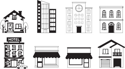 Naklejka premium Black and White Building and Storefront Icon Collection with Hotel Residential and Commercial Architecture Designs