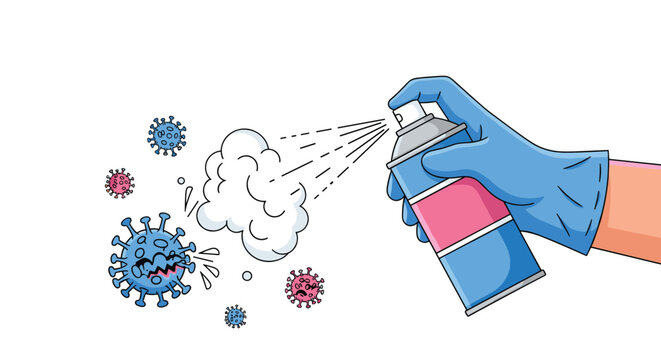 Protective hand in a blue glove spraying an aerosol disinfectant to eliminate cartoon virus germs for health and safety.