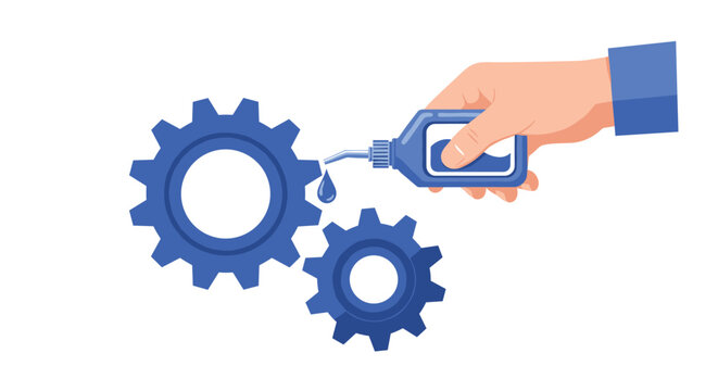 Maintenance concept showing a hand using an oil bottle to lubricate rotating blue mechanical gears for smooth operation.