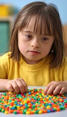 Fototapeta premium Child with Down syndrome sorting colorful beads at table