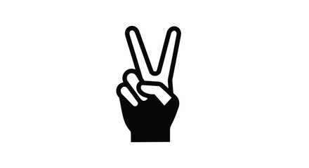 Fototapeta premium Simple black and white icon of a human hand making the victory or peace sign with two fingers raised against a white background.