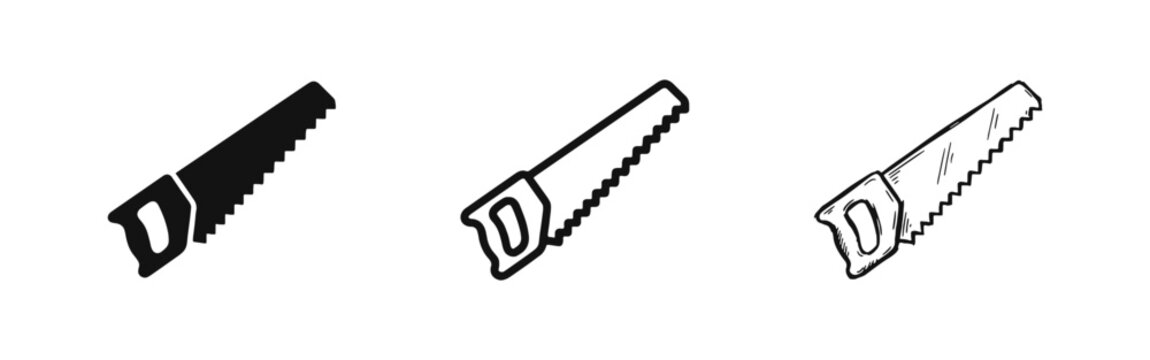 Hand Saw Tool Icon Set for Carpentry and Construction in Solid Outline and Hand Drawn Sketch Styles