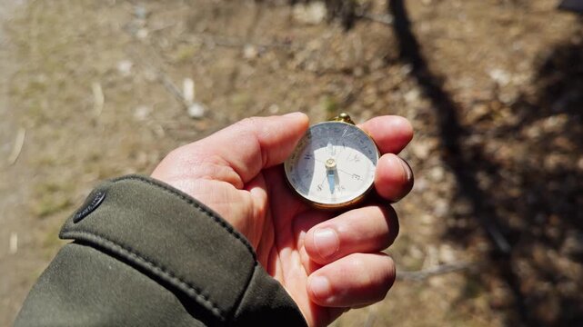 A hand holds an old compass in the sunlight, pointing the way in a beautiful natural setting. The landscape is filled with trees and shadows, perfect for adventure and exploration
