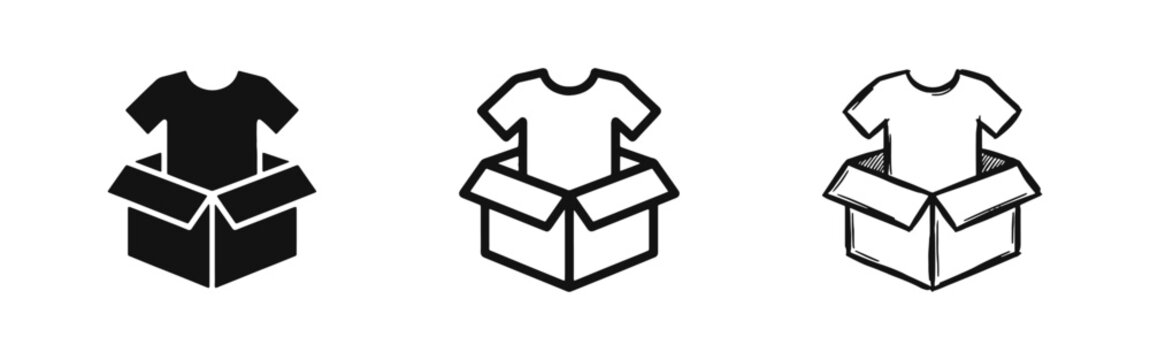 Apparel Delivery and Clothing Box Icons - T-shirt Shipping and E-commerce Symbols in Three Design Styles