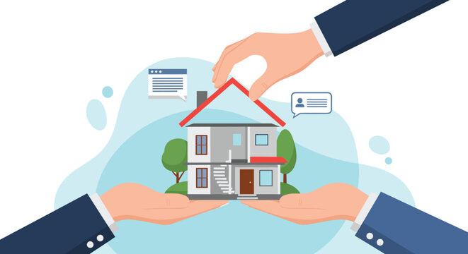 Three hands carefully sheltering and supporting a detailed two-story house model symbolizing real estate security and care.