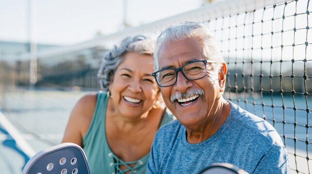 Happy senior Hispanic couple laughing on an outdoor pickleball court, intelligent mature man wearing glasses with blurred net and premium copy space.